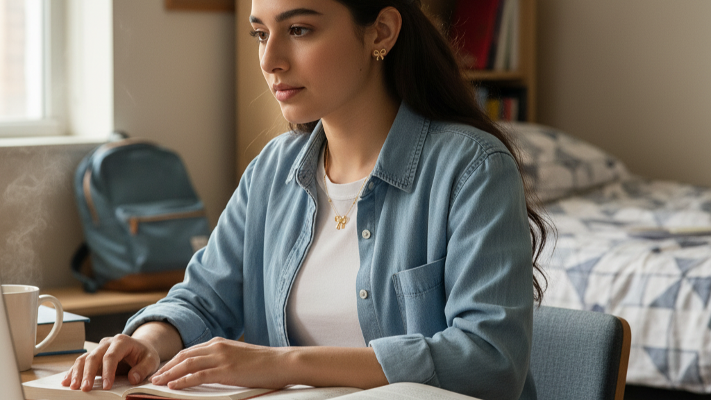 college student wearing dira fashion 18k gold plated anti-tarnish necklace set